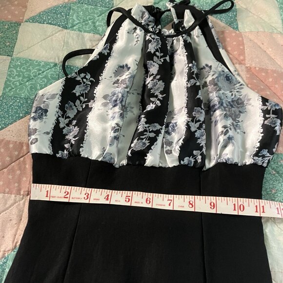 Y2K GLAM Halter Mini Dress Womens S Gray Stripe Black Floral 2000s Vintage - Picture 8 of 9